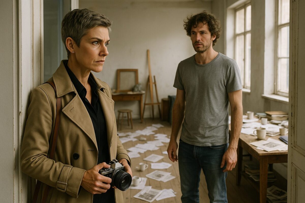 Женщина с короткой стрижкой и фотоаппаратом в руках стоит у двери, напряжённо глядя на мужчину в футболке на фоне творческого беспорядка в студии с бумагами и кружками на полу.