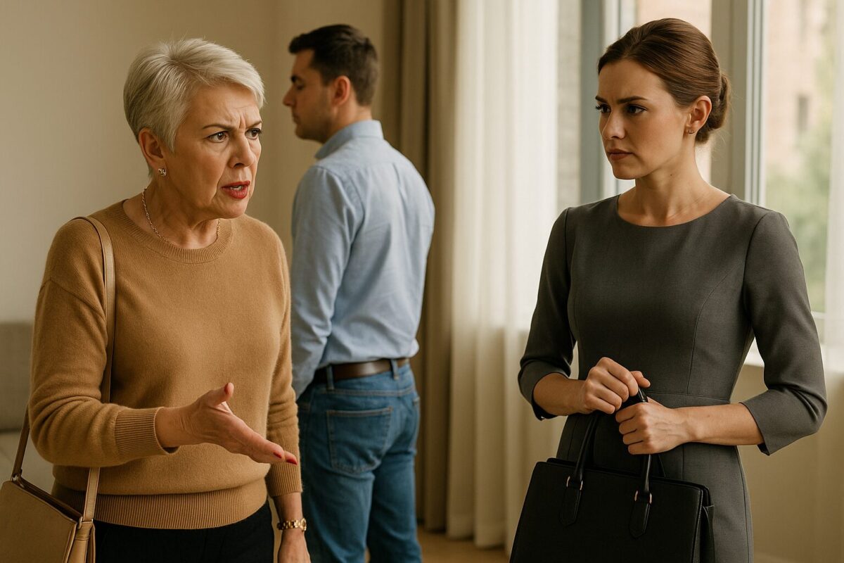 пожилая женщина в кашемировом свитере и с короткой стрижкой говорит с выражением возмущения; молодая женщина в деловом платье напротив выглядит сдержанно, но напряжённо, сжимая ручку сумки; между ними — мужчина, отвернувшийся к окну с безучастным лицом. Атмосфера напряжённого конфликта.
