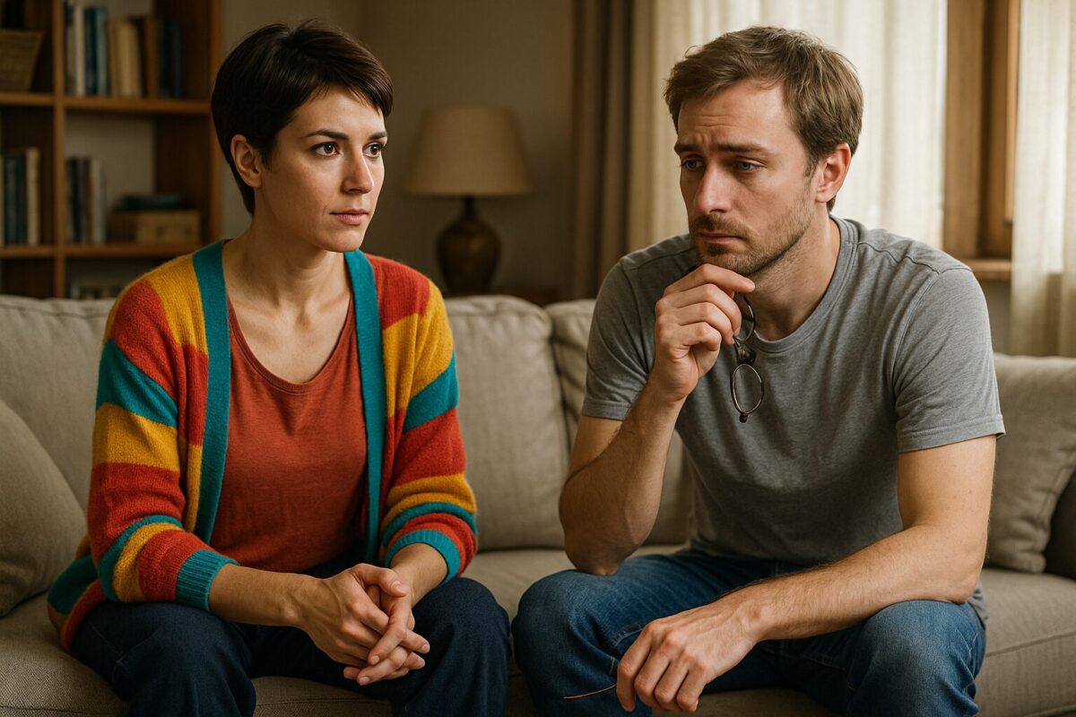 Молодая женщина с короткой стрижкой в ярком полосатом кардигане и мужчина с задумчивым выражением лица, держащий очки в руке, сидят на диване в уютной гостиной, погружённые в серьёзный разговор.