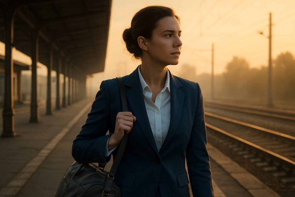 Женщина около 30 лет в строгом синем костюме стоит на пустой железнодорожной платформе на фоне тёплого рассвета.