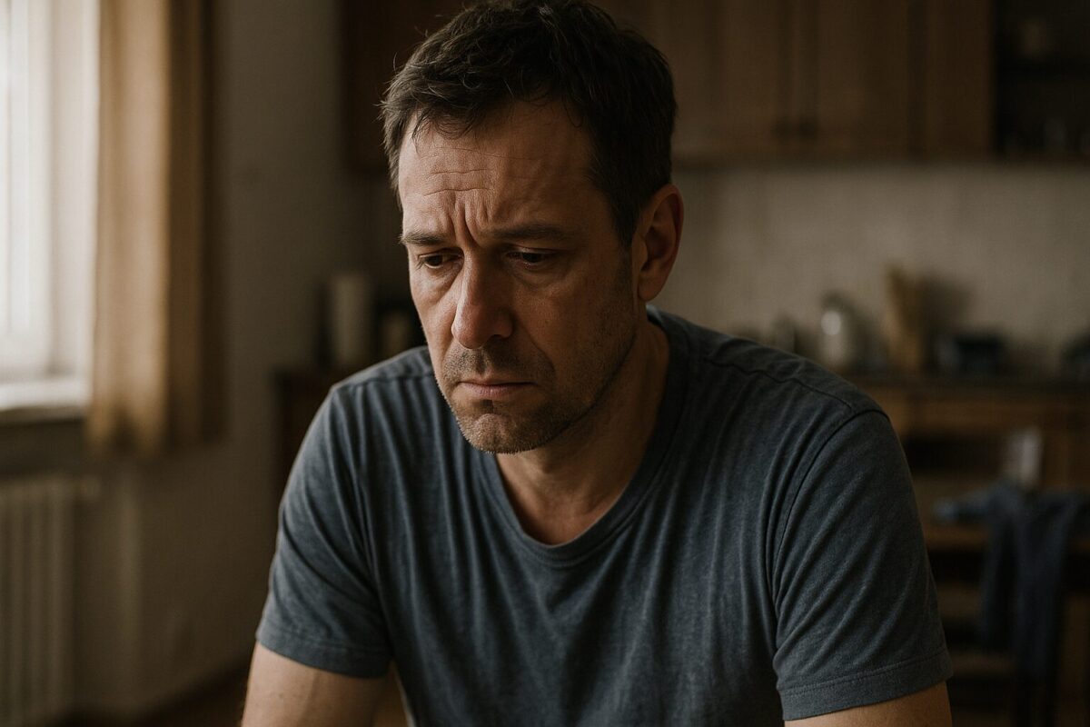 Уставший мужчина 40–45 лет в простой домашней одежде сидит на кухне, глядя вниз с выражением опустошённости и тревоги на лице; сцена наполнена напряжённой атмосферой, естественный свет падает из окна, подчеркивая переломный момент в его жизни.