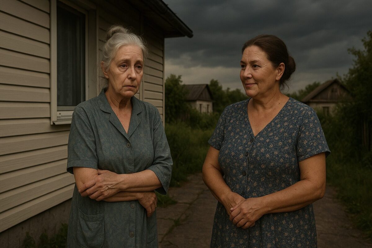 Две пожилые женщины стоят возле дачного дома на фоне тёмного неба перед грозой. Одна — бледная, в халате, с тревожным выражением лица и седыми волосами в пучке. Вторая — с лёгкой улыбкой, в ситцевом платье, с каштановыми волосами, собранными в узел. Атмосфера — тёплая, но с налётом тревоги и надвигающегося напряжения.
