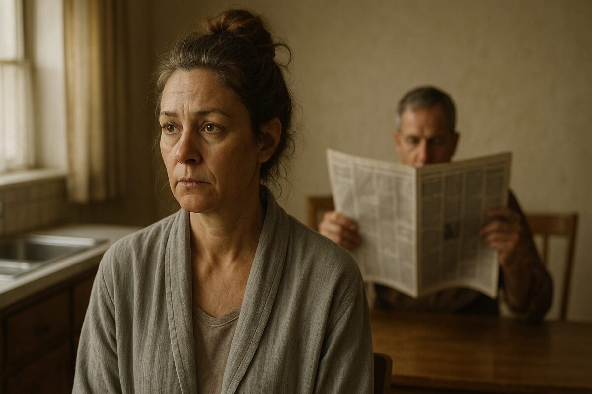 Женщина средних лет в сером халате задумчиво смотрит в сторону на фоне тускло освещённой кухни; на заднем плане мужчина читает газету, не замечая её.