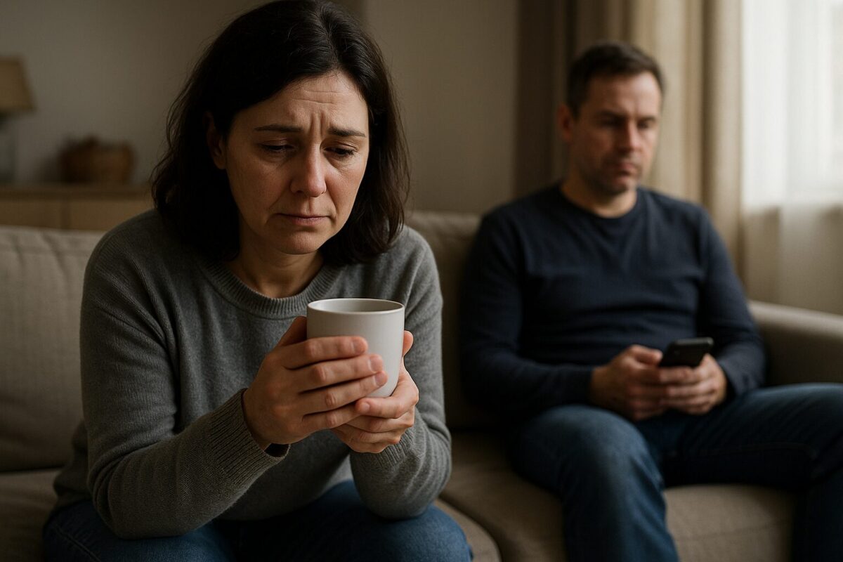 Женщина лет сорока в домашней одежде сидит на диване, с грустью смотрит на чашку в руках. На заднем плане мужчина, около сорока пяти, с безразличным выражением лица, держит телефон.
