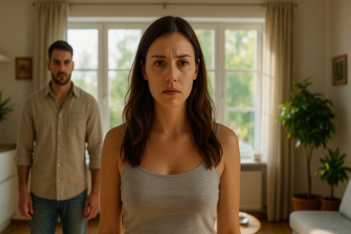 Молодая женщина в серой майке стоит на переднем плане, выражение лица серьёзное и немного тревожное. Позади неё, в расфокусе, мужчина в бежевой рубашке наблюдает за ней.