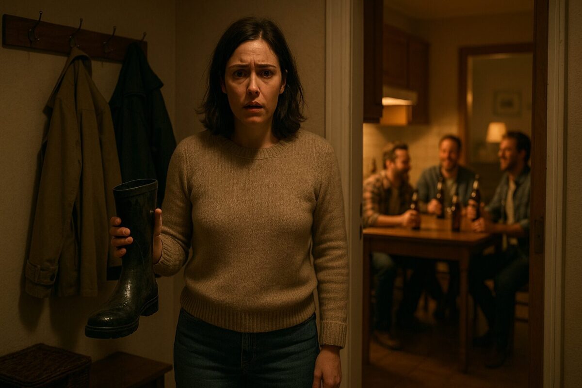 Женщина в повседневной одежде с выражением шока на лице стоит в прихожей с мокрым сапогом в руке; через полуоткрытую дверь кухни видны силуэты смеющихся мужчин с пивом.