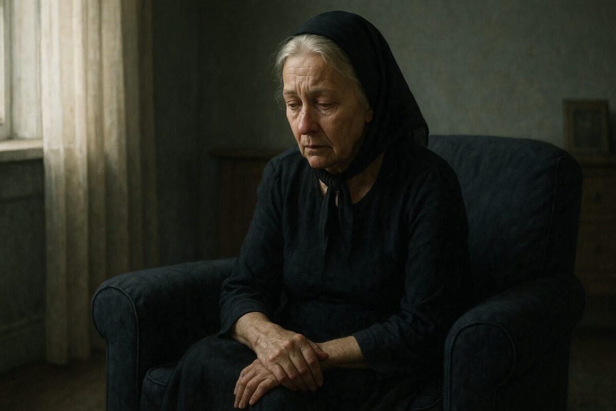 Пожилая женщина с седыми волосами, убранными под черный траурный платок, сидит в кресле в тускло освещенной комнате. На её усталом лице заметны следы слёз, взгляд опущен
