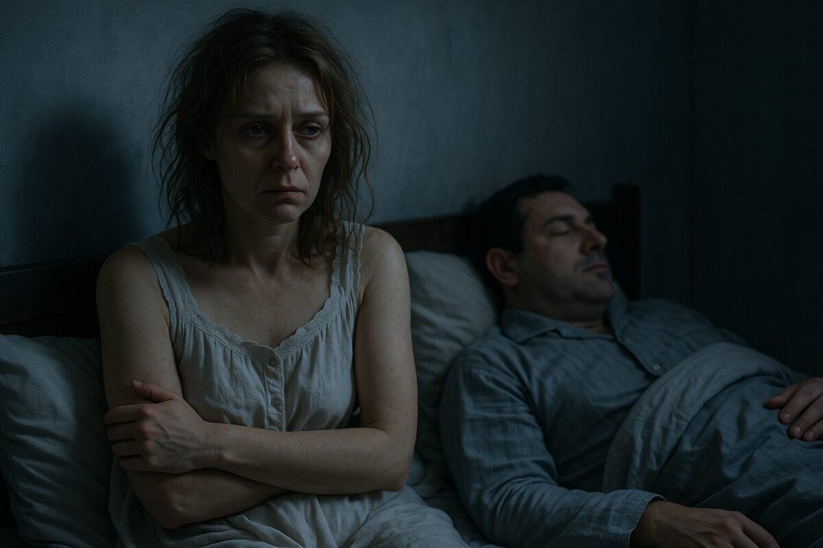 Измождённая женщина в ночной сорочке сидит на краю кровати в холодной спальне, обняв себя руками, рядом спит её муж с безмятежным выражением лица. Атмосфера одиночества и эмоциональной отстранённости.