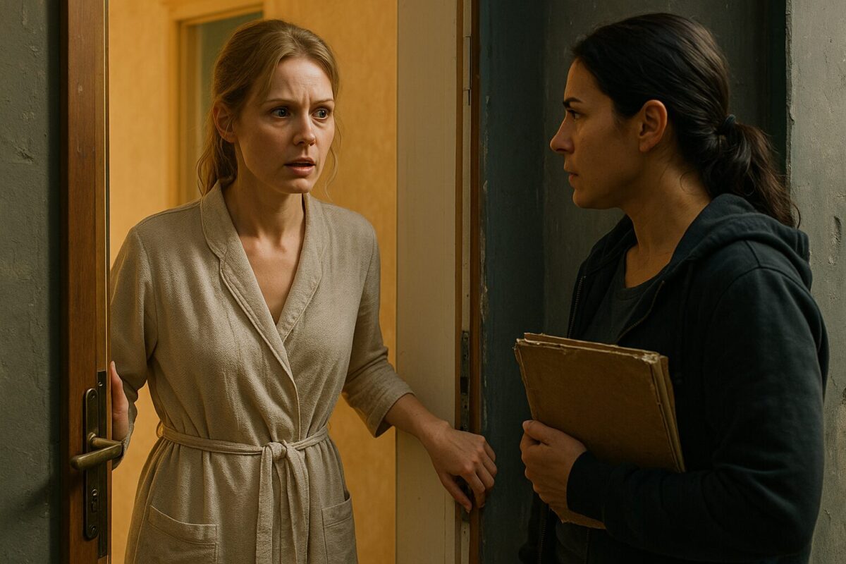 две женщины у порога квартиры. Одна, светловолосая, в халате, с напряжённым выражением лица держится за дверную ручку, не впуская вторую — смуглую, в тёмной одежде, с папкой в руках. Между ними — напряжённая тишина и невидимая граница света из квартиры и полумрака подъезда.