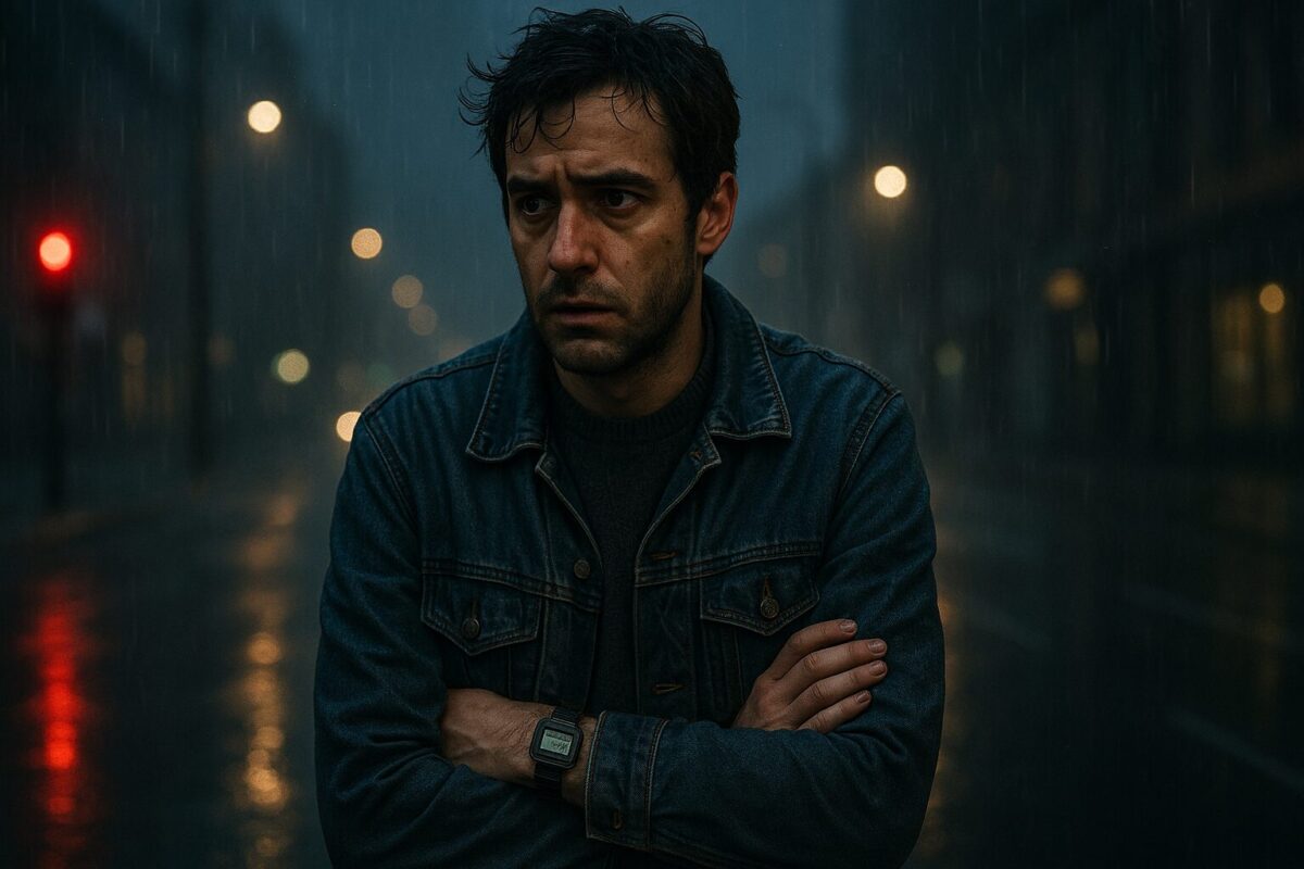Молодой мужчина в поношенной джинсовой куртке стоит ночью под дождём на пустой городской улице. Его лицо с небритой щетиной выражает тревогу и усталость, мокрые волосы взъерошены