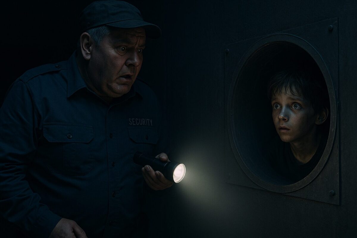 Марат, охранник в тёмно-синей форме, с фонариком в руке, с удивлением смотрит на испуганного мальчика Тимура, выглядывающего из вентиляционной трубы в тёмном супермаркете.