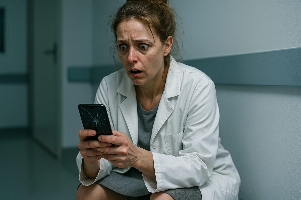 Женщина в белом медицинском халате сидит в больничном коридоре с выражением шока на лице, глядя на треснувший экран телефона, в холодной стерильной атмосфере.