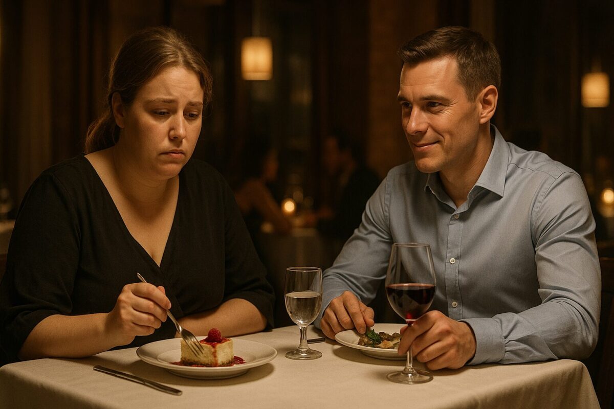 Женщина с подавленным выражением лица сидит за ужином напротив улыбающегося мужчины в рубашке. Она задумчиво держит вилку над десертом, в её глазах растерянность. Он выглядит уверенно и спокойно, с бокалом красного вина в руке. Атмосфера — дорогой ресторан с тёплым освещением, но между героями ощущается напряжение.