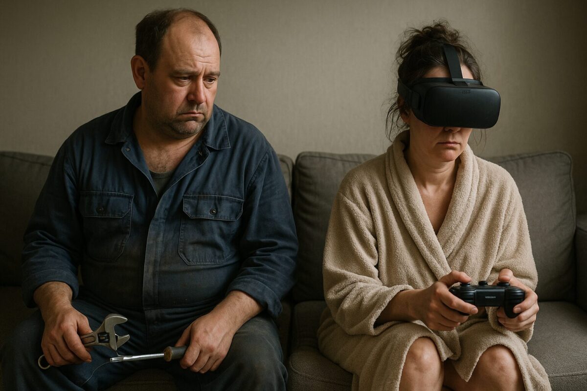 Мужчина в рабочей одежде сантехника с усталым видом сидит на диване с гаечным ключом и отвёрткой в руках, рядом женщина в халате с VR-гарнитурой, полностью погружённая в виртуальный мир. Между ними ощущается эмоциональная дистанция и отчуждение.