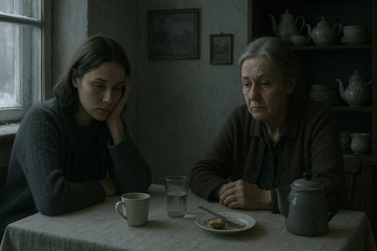 Две женщины сидят на кухне за столом. Младшая, около 40 лет, в тёмной одежде, с опущенным взглядом, держит чашку и выглядит задумчивой. Пожилая женщина, около 70 лет, с седыми волосами и в вязаной кофте, внимательно и с тревогой смотрит на дочь. Между ними — тарелка, чашка и стакан. Снежный пейзаж за окном подчеркивает отстранённость и интимность момента.