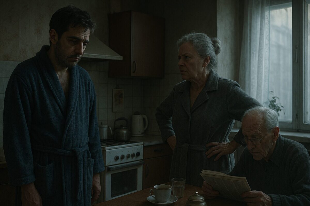 Утро на советской кухне: пожилой отец читает газету, уставший Михаил в синем халате опустил взгляд, его мать в агрессивной позе смотрит на него. Атмосфера напряжённая и гнетущая.