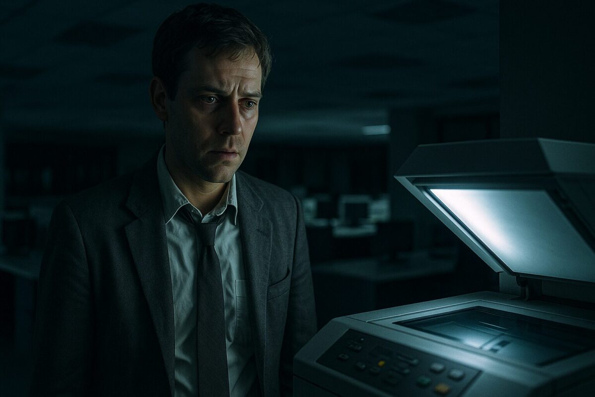 Мужчина около 31 года в сером офисном костюме стоит в пустом офисе возле светящегося принтера. Его лицо освещено холодным светом, подчёркивающим усталость и тревогу. Вокруг — темнота и пустота, создающие атмосферу одиночества и обречённости.