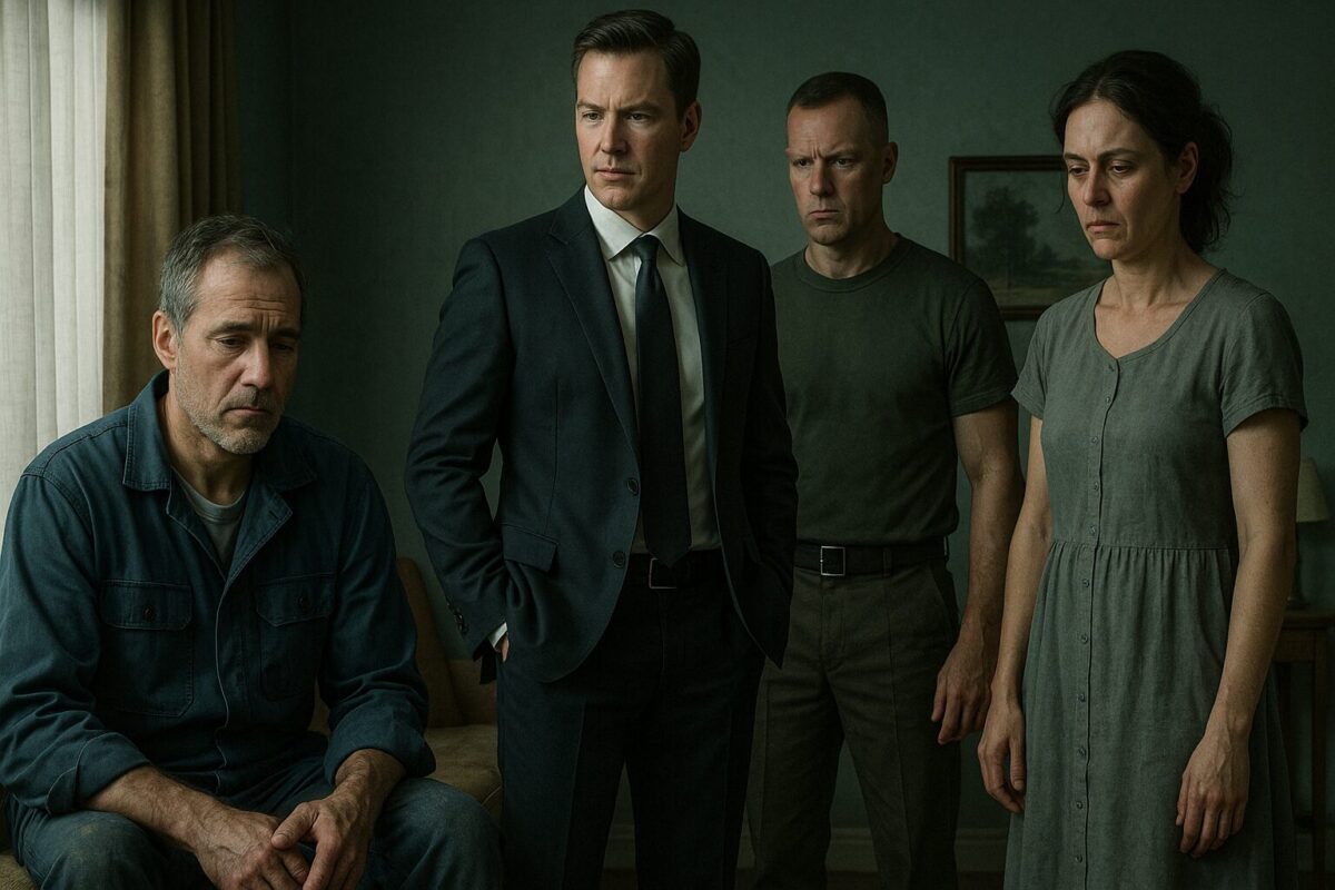 четыре человека в комнате с тёмно-зелёными стенами: уставший рабочий в спецовке сидит с опущенным взглядом, уверенный мужчина в деловом костюме стоит с холодным выражением лица, рядом с ним — мужчина в военной форме с напряжённой позой, и женщина в домашнем платье с усталым, отрешённым взглядом. Атмосфера напряжённая, чувствуется надвигающийся конфликт.