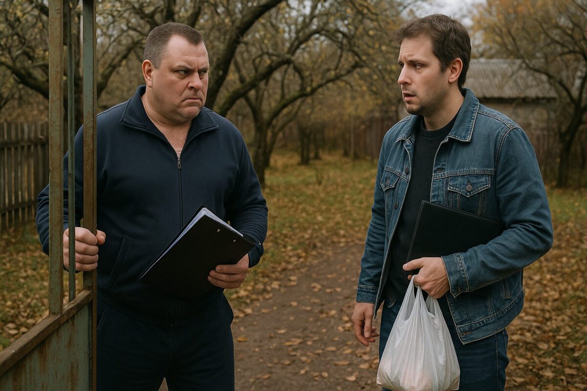 Двое мужчин на фоне осеннего дачного участка. Один — старше, крепкого телосложения, в спортивной одежде, стоит у калитки с папкой в руках и смотрит строго. Другой — моложе, в джинсовой куртке, держит пакет и блокнот, выглядит растерянным. Вокруг опавшие листья и старые яблони, создающие напряжённую атмосферу конфликта.