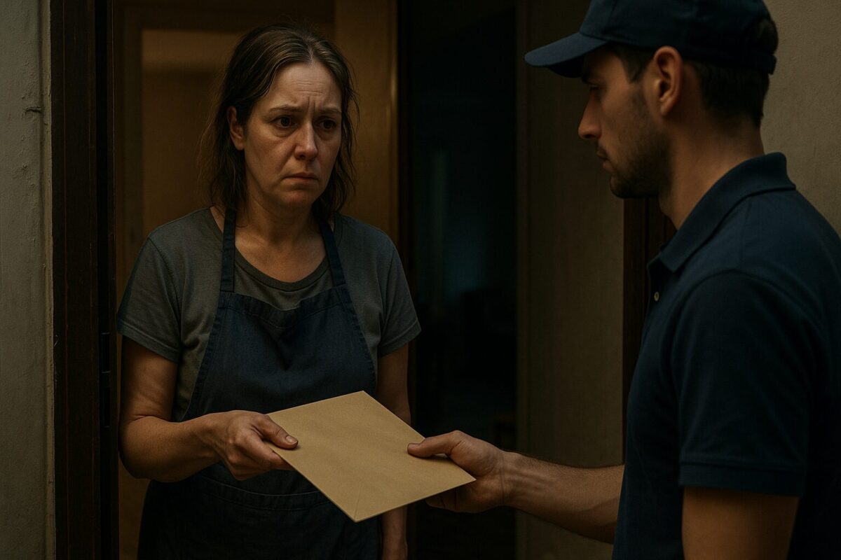 Женщина средних лет с уставшим лицом в рабочем фартуке принимает официальный конверт от курьера с нетерпеливым выражением лица на пороге своей тускло освещённой квартиры.