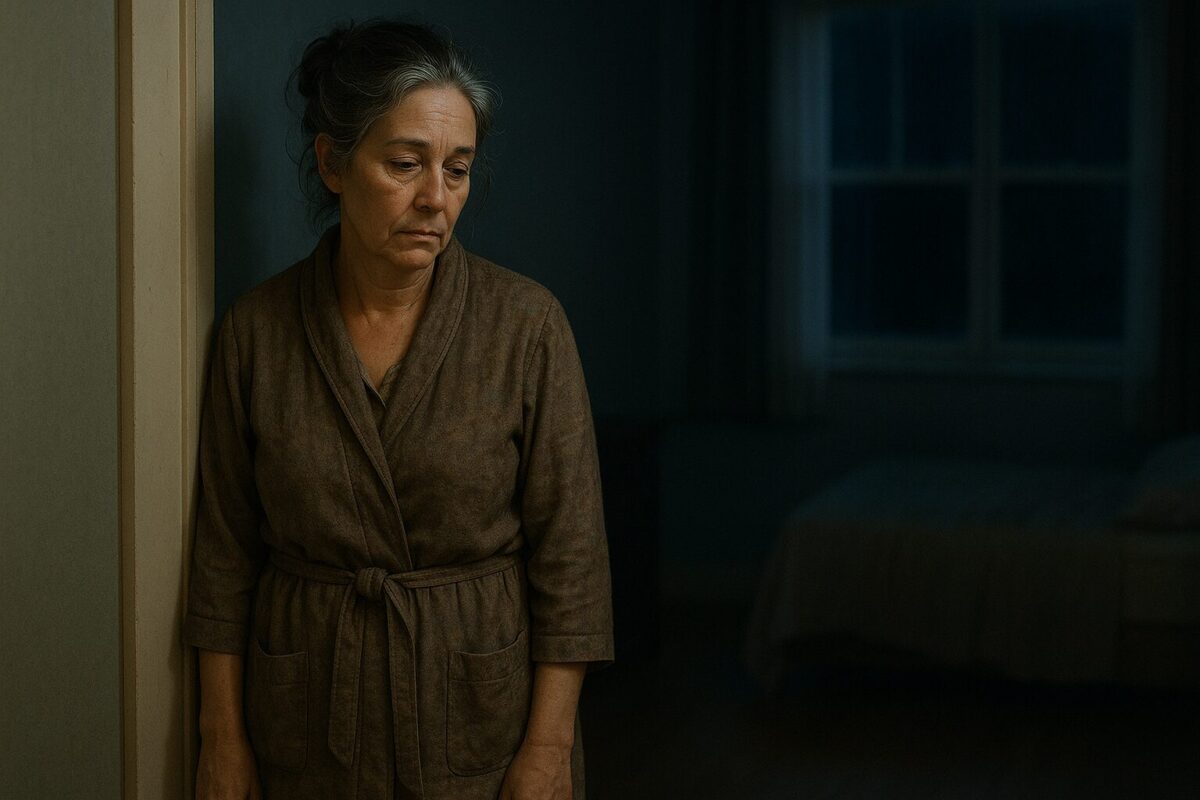 Женщина 52 лет с усталым выражением лица и седыми прядями в тёмных волосах, собранных в пучок, стоит в полумраке у дверного косяка в поношенном халате, на фоне тёмной комнаты с кроватью и окном. Атмосфера — тишина предрассветного утра, ощущение рутины и внутреннего одиночества.