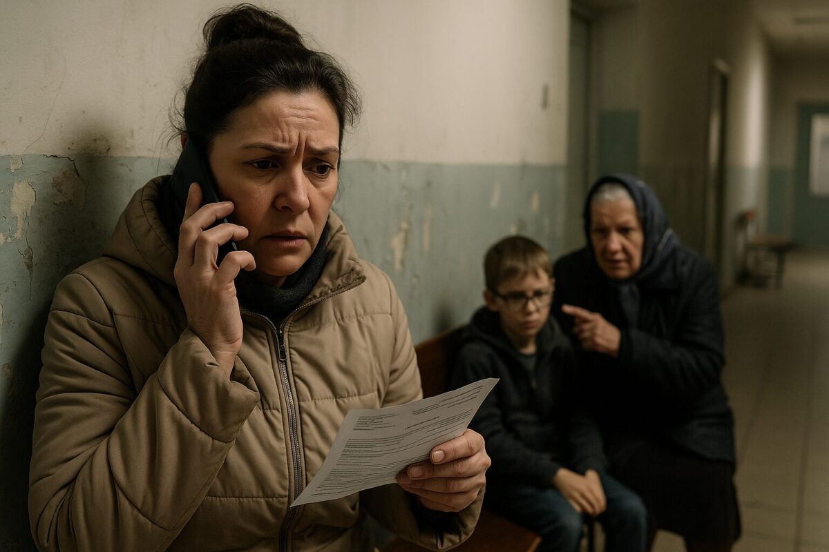 Женщина средних лет в больничном коридоре с тревожным лицом говорит по телефону, сжимая направление на операцию; на заднем плане бабушка отчитывает мальчика в очках с треснутым стеклом.