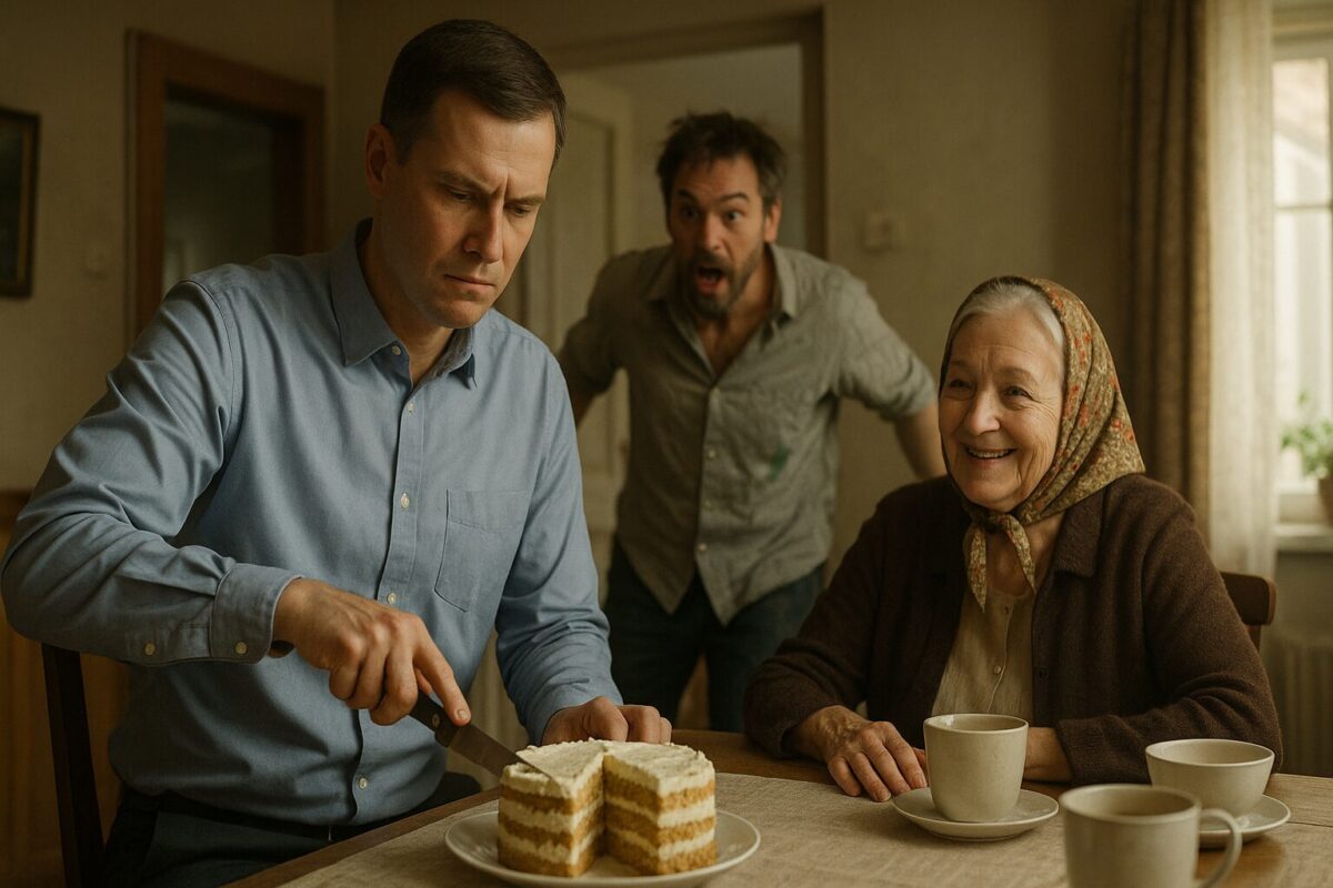 Мужчина аккуратно нарезает торт за столом, напротив него улыбается пожилая женщина в платке, а на заднем плане вбегает небритый мужчина в мятой рубашке с энергичным выражением лица. Атмосфера семейного сбора с ноткой напряжения.
