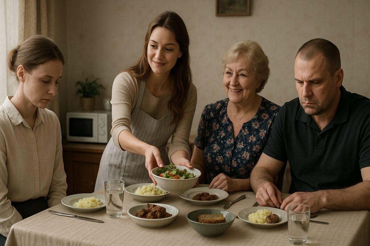 Семья из четырёх человек за обеденным столом. Слева — женщина около 40 лет с русыми волосами, собранными в пучок, в бледной блузке, сидит немного в стороне, взгляд потуплен, поза сдержанная. Рядом молодая женщина 25–30 лет с распущенными волосами и в фартуке, с лёгкой улыбкой протягивает салат. За ней пожилая женщина с короткой седой причёской в цветочном платье — улыбается демонстративно приветливо. Справа мужчина 40 лет, коротко стриженный, мрачный, смотрит в тарелку, избегает взглядов. Атмосфера неловкости и скрытого отчуждения за внешне «семейным» столом.
