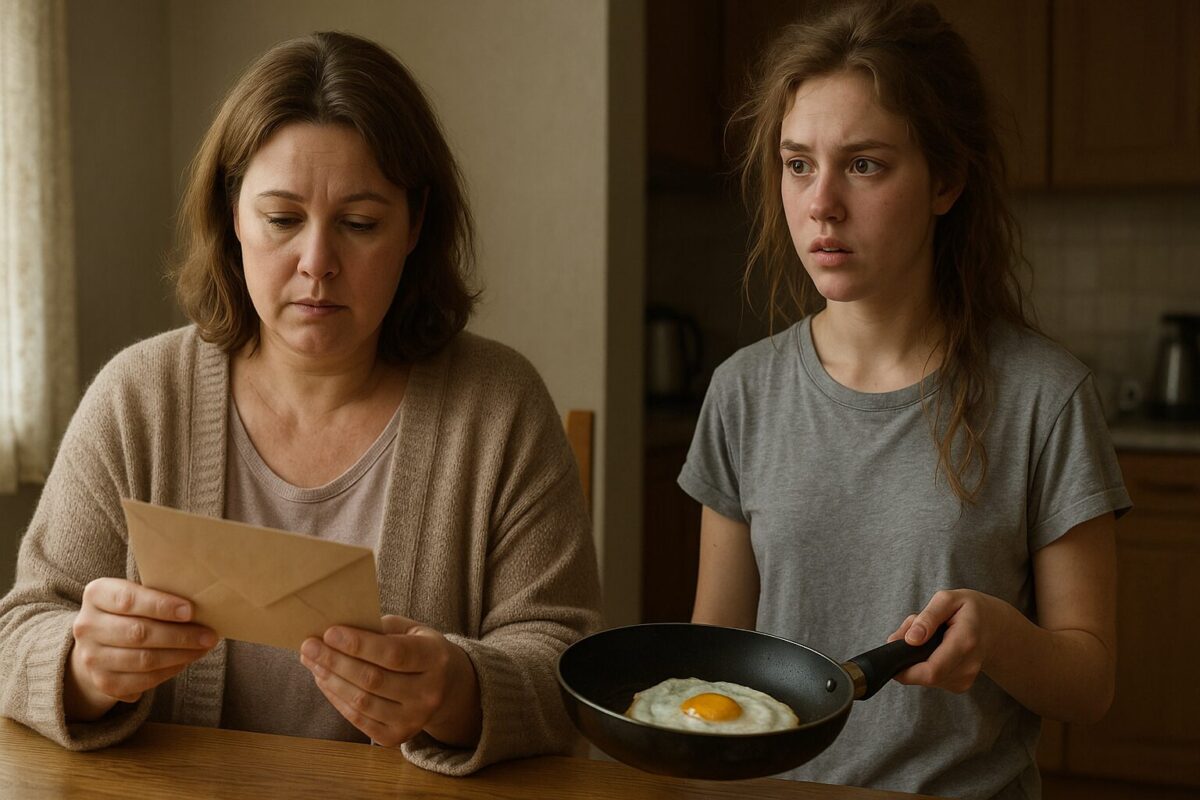 Марина, домашняя женщина около 40 лет с мягкими чертами лица, в уютной одежде, задумчиво держит в руках бежевый конверт и смотрит на него. Рядом стоит её дочь Катя, девушка 17 лет с растрёпанными волосами, следом от подушки на щеке, в пижаме или серой футболке, в руках — сковородка с яичницей. Катя удивлена, немного напряжена. На кухне тихое утро, свет мягкий. Атмосфера — предчувствие перемен, лёгкая тревога, семейный быт.