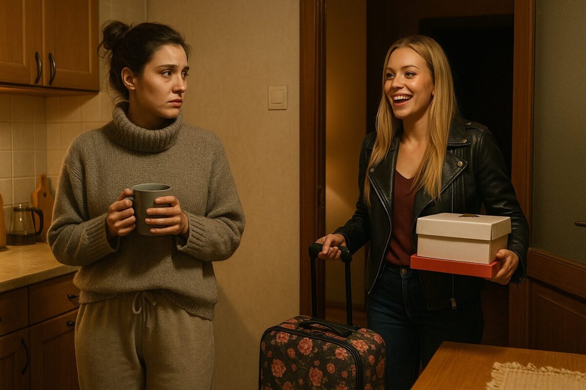 Вечер, уютная кухня. Марина, стройная молодая женщина с собранными тёмными волосами в пучок, в сером свитере и мягких брюках, с усталым и удивлённым взглядом держит кружку. В дверях стоит Алла — эффектная блондинка с длинными волосами, в модной куртке, широко улыбается, в одной руке чемодан в цветочек, в другой — коробка с тортом. Атмосфера: уют нарушен неожиданным визитом, контраст спокойствия и чрезмерной радости.
