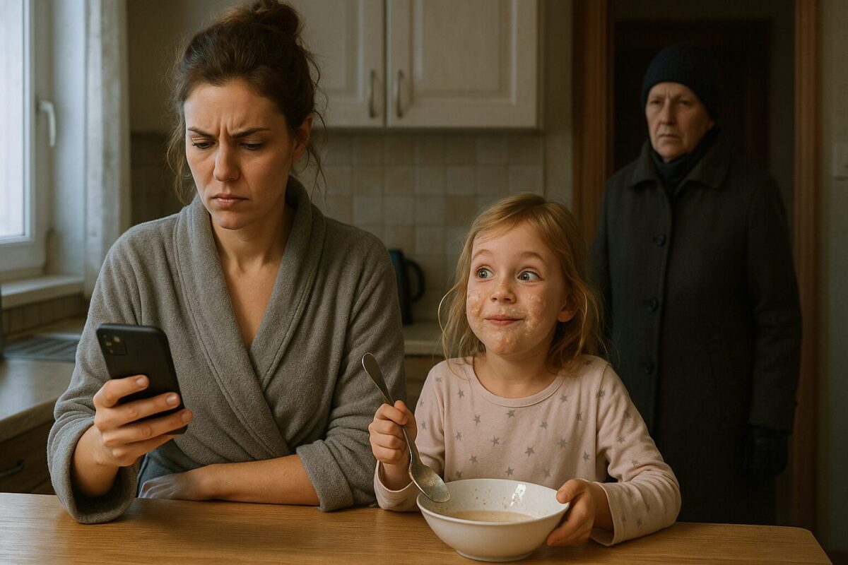 Анна стоит у кухонного стола в сером халате, с телефоном в руке, хмуро смотрит на экран. Рядом с ней — семилетняя Маша в пижаме со звёздочками, с озорным выражением и овсянкой на лице, держит пустую тарелку и ложку. На заднем плане у двери появляется Валентина Петровна — пожилая женщина в тёмной шапке, перчатках и зимнем пальто, сдержанная, строгая. Атмосфера сцены — напряжённая бытовая усталость, ощущение надвигающегося семейного конфликта.