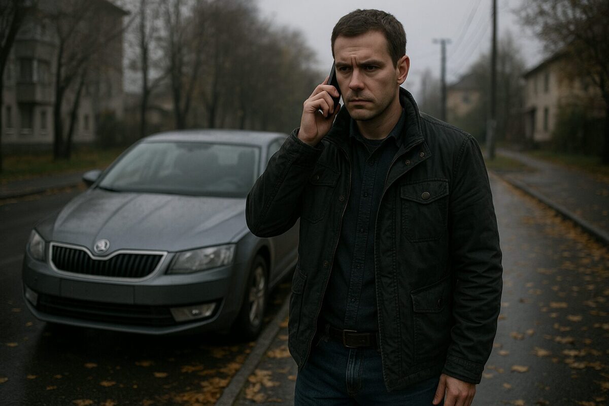 Мужчина около 35 лет с короткой стрижкой, в тёмной куртке и джинсах, стоит у серой Skoda на мокрой осенней улице, напряжённо держит телефон у уха, на лице тревога. Атмосфера — пасмурная, драматичная, вокруг жёлтые листья, сырой асфальт.