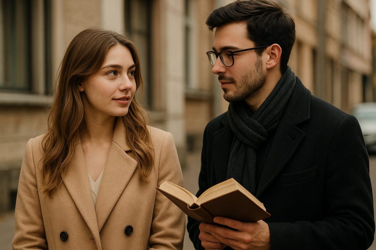 Молодая пара на городской улице: Марина, стройная девушка 20 лет в бежевом пальто, с заинтересованным взглядом, и Андрей, мужчина 25 лет в очках, шарфе и тёмном пальто, держит книгу. Между ними — лёгкое волнение, атмосфера интеллигентного ухаживания и начала романтической истории.