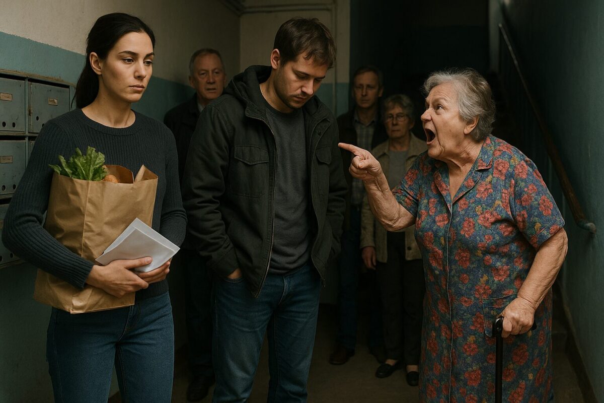 В подъезде типовой многоэтажки разгорается скандал: пожилая женщина в цветастом халате и с тростью громко ругается на мужчину лет тридцати с опущенным взглядом и руками в карманах; рядом усталая молодая женщина с пакетом продуктов и почтой сдержанно наблюдает. За происходящим следят несколько соседей у почтовых ящиков. Атмосфера напряжённая, конфликтная.