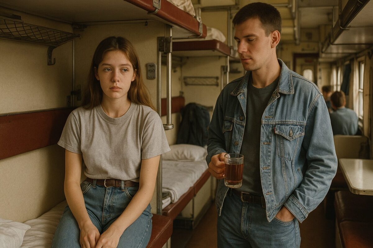 Девушка 18 лет в простой одежде 90-х годов сидит на боковой полке плацкартного вагона, рядом стоит парень 24 лет с кружкой чая в руках. Обстановка — типичный советский поезд: узкие коридоры, полки с бельём, тёплый свет, атмосфера обычной поездки в 90-е. На лицах молодых людей — задумчивость и лёгкая тревога.