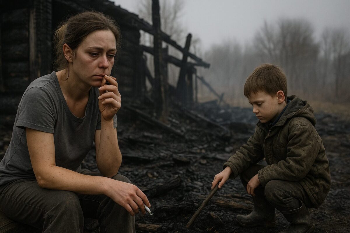 Женщина с усталым лицом и сигаретой в руке сидит среди обгоревших остатков дома, рядом мальчик в резиновых сапогах копается в пепле палкой; сцена в серых тонах, окружена дымкой и тишиной.