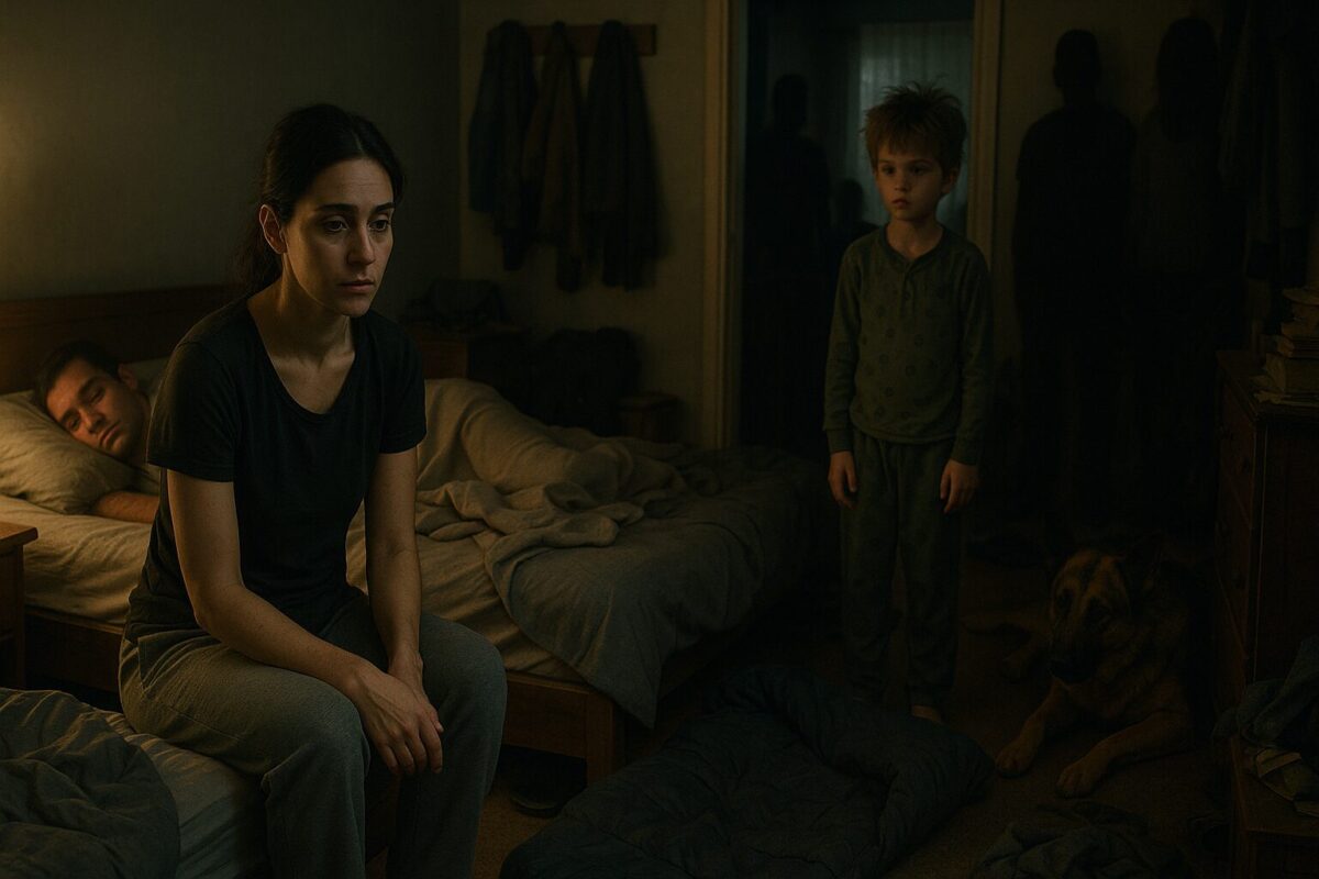 Уставшая молодая женщина сидит на краю кровати в тёмной комнате, рядом спит мужчина, мальчик в пижаме стоит в центре, за ним в проёме видны силуэты родственников, на полу у ног лежит овчарка. Атмосфера — теснота, напряжение, подавленность.