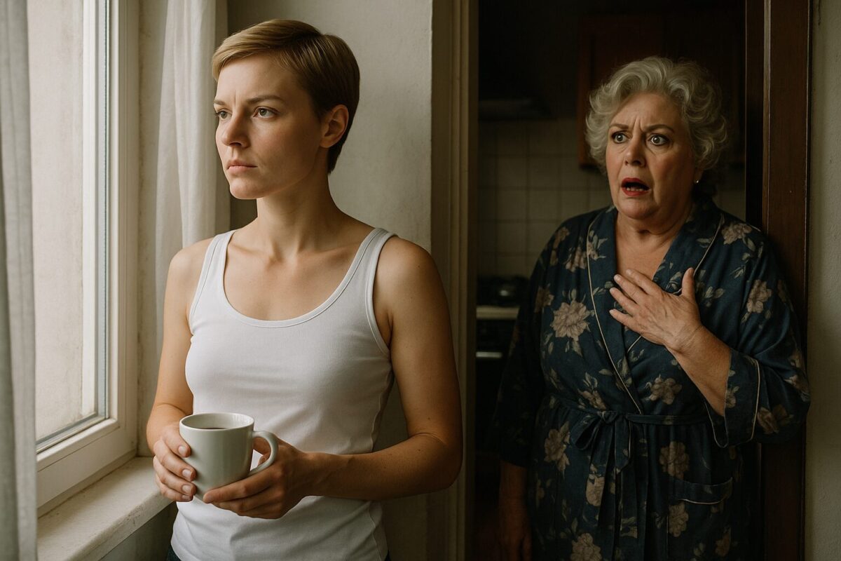 Молодая женщина в майке стоит у окна с чашкой кофе и спокойным взглядом, а за её спиной в дверях кухни замерла пожилая женщина с выражением ужаса и рукой на груди. Атмосфера — напряжённая, в воздухе витает конфликт между поколениями.
