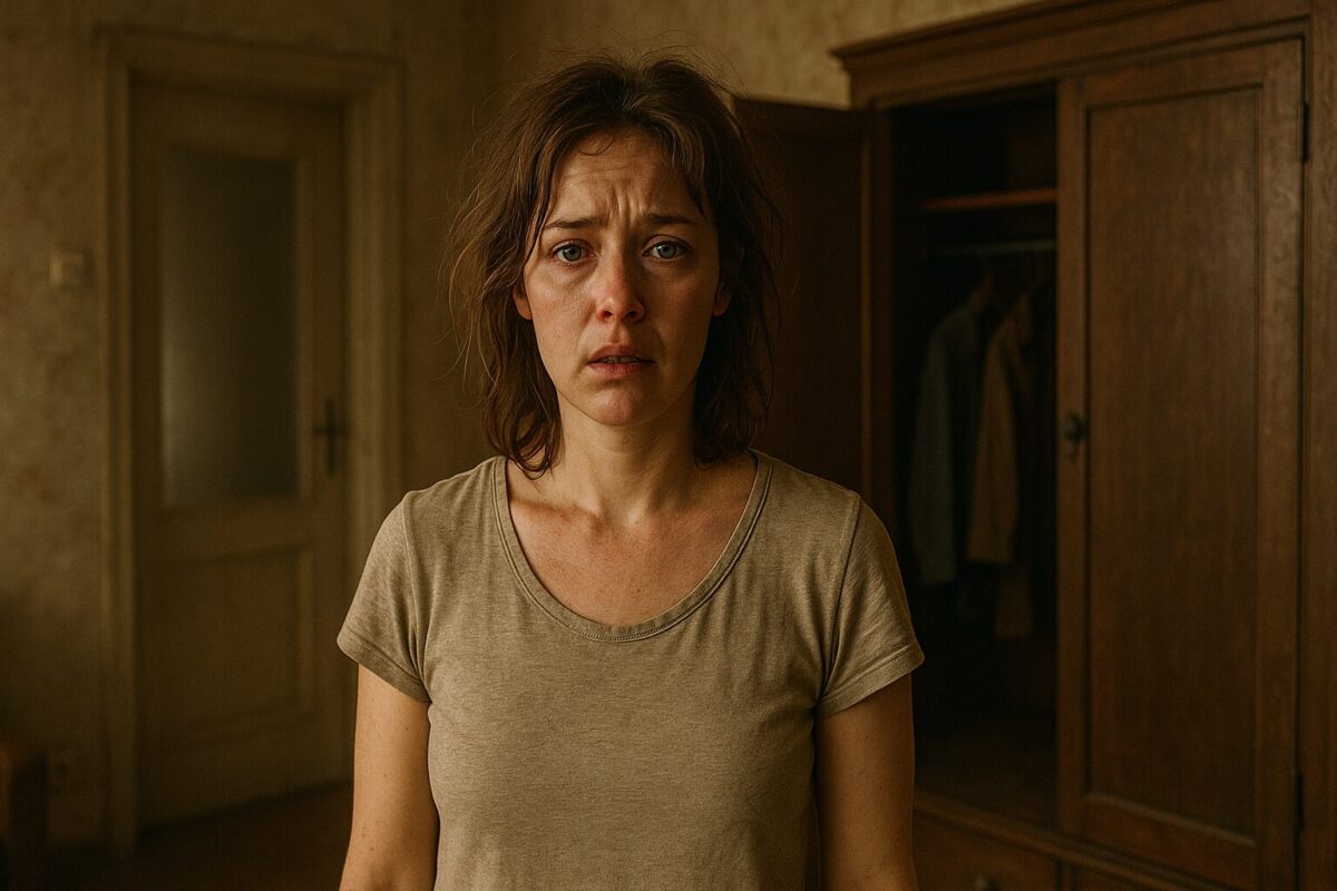 Женщина около 30 лет с растрёпанными волосами стоит в старой квартире на фоне приоткрытого шкафа, в домашней одежде. На лице — тревога, растерянность, глаза на мокром месте. Атмосфера — тёплый свет, пыльный уют, напряжённое ожидание перемен.