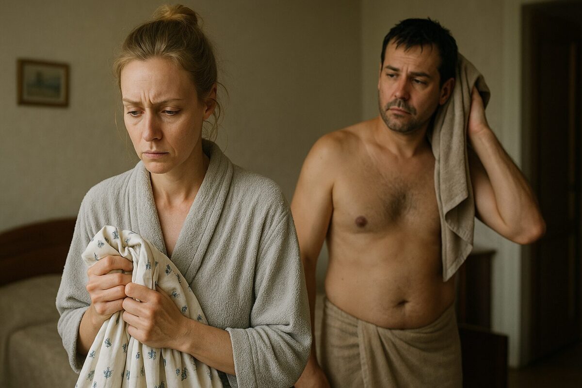 Женщина в сером халате с напряжённым лицом держит в руках светлые занавески с васильками; на заднем плане мужчина в полотенце вытирает волосы, выглядит раздражённым. Атмосфера сцены тревожная, свет мягкий, утренний.