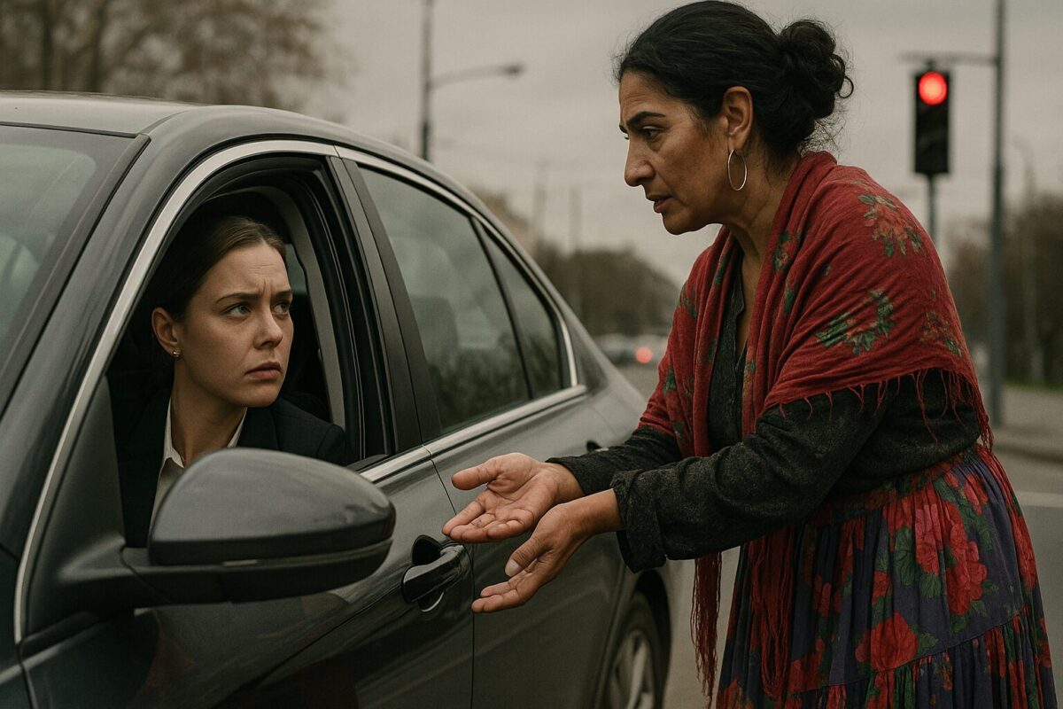 Молодая ухоженная женщина в деловой одежде за рулём автомобиля настороженно смотрит на цыганку в яркой юбке, которая протягивает ей руку у открытого окна. На фоне — городской светофор и пасмурный день. Атмосфера сцены напряжённая и загадочная.