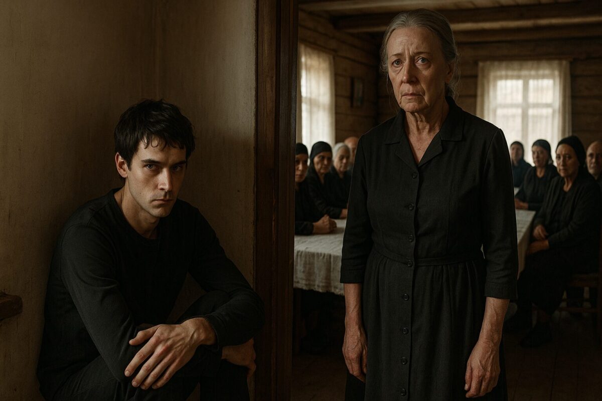 Молодой мужчина в чёрной одежде сидит настороженно в углу деревенской горницы, рядом стоит пожилая женщина со строгим взглядом и слезами в глазах. На заднем плане — длинный стол с пожилыми людьми в трауре. Атмосфера — гнетущая, напряжённая.