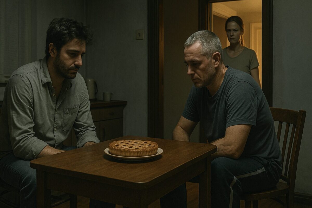 В тускло освещённой кухне два мужчины сидят напротив друг друга за деревянным столом, на котором стоит остывший пирог. Один — с тёмными, взъерошенными волосами, в мятой рубашке, второй — постарше, с проседью и в домашней футболке. В дверном проёме стоит женщина с пакетом вещей в руках, выражение лица — твёрдое и решительное. Атмосфера напряжённая, символизирующая конец семейной связи.