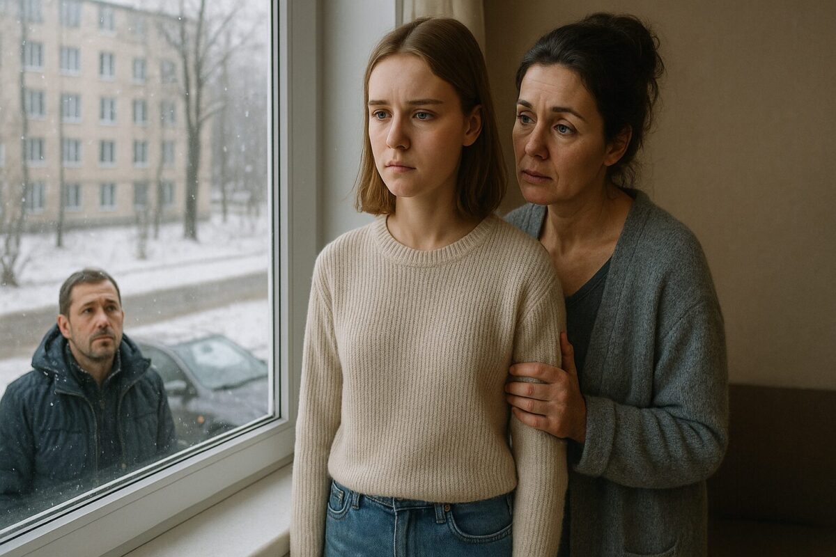 Девушка в светлом свитере стоит у окна с напряжённым выражением лица. За её спиной женщина постарше, в серой кофте, с сочувствием и поддержкой смотрит в ту же сторону. За окном виден мужчина в зимней куртке у автомобиля. На улице идёт снег, атмосфера — грустное прощание с ноткой надежды и ощущением перемен.
