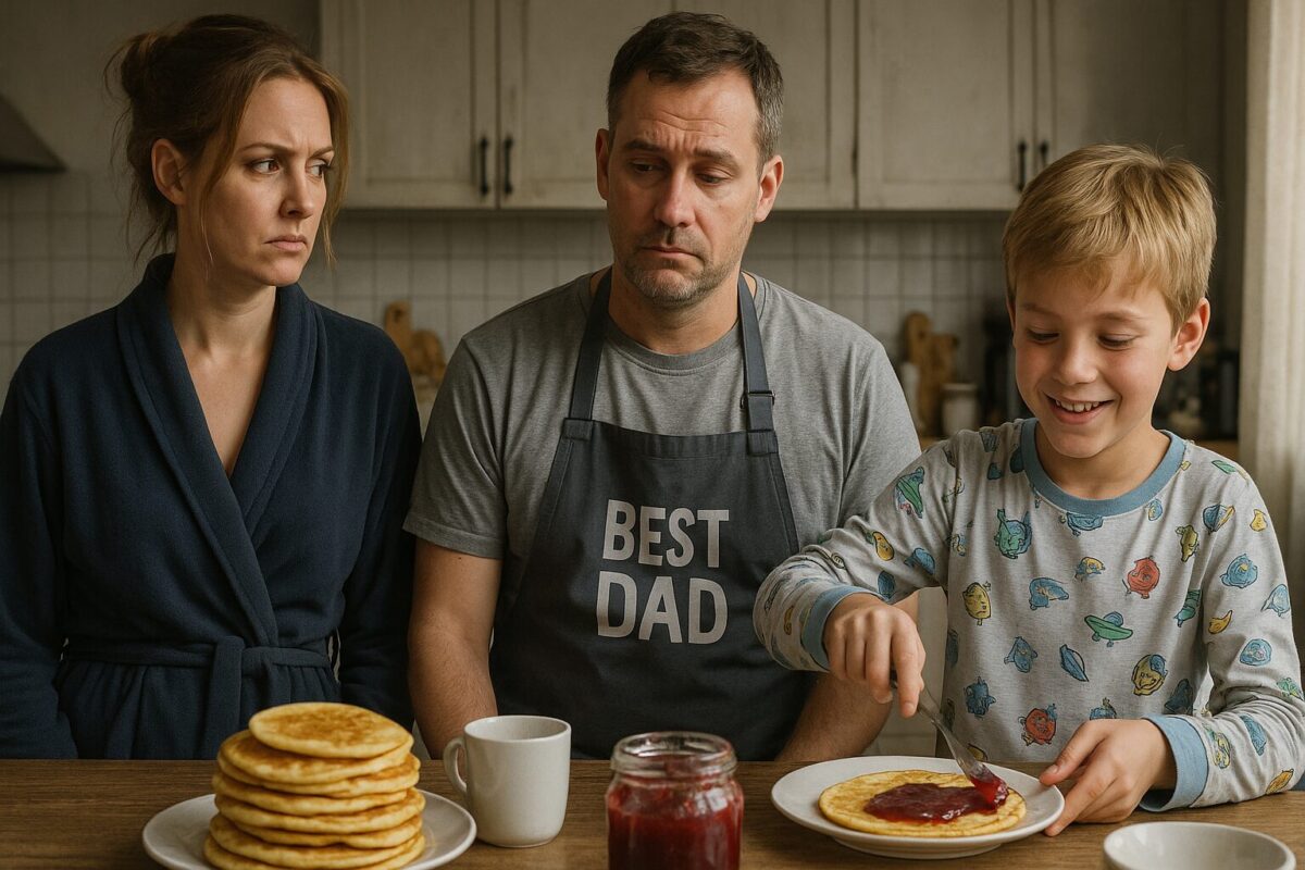 Утро в кухне: женщина в тёмно-синем халате с раздражённым взглядом, мужчина в фартуке "BEST DAD" с усталым выражением и мальчик в пижаме с мультяшным принтом, радостно мажущий варенье на блин. Атмосфера — уютная, но с внутренним напряжением.