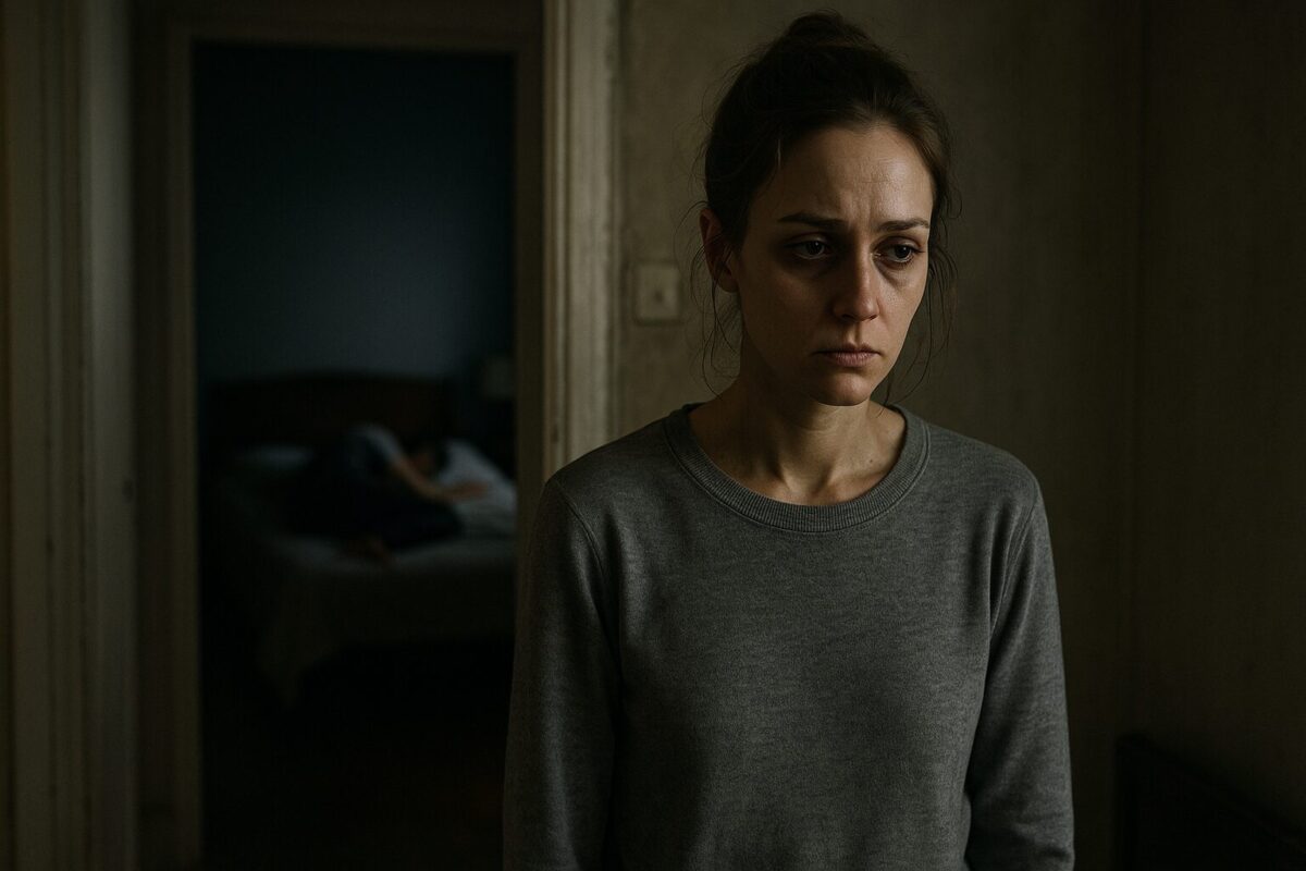 Бледная, усталая молодая женщина в серой толстовке стоит в тускло освещенном коридоре, опустив глаза, а на лице написано тихое отчаяние.