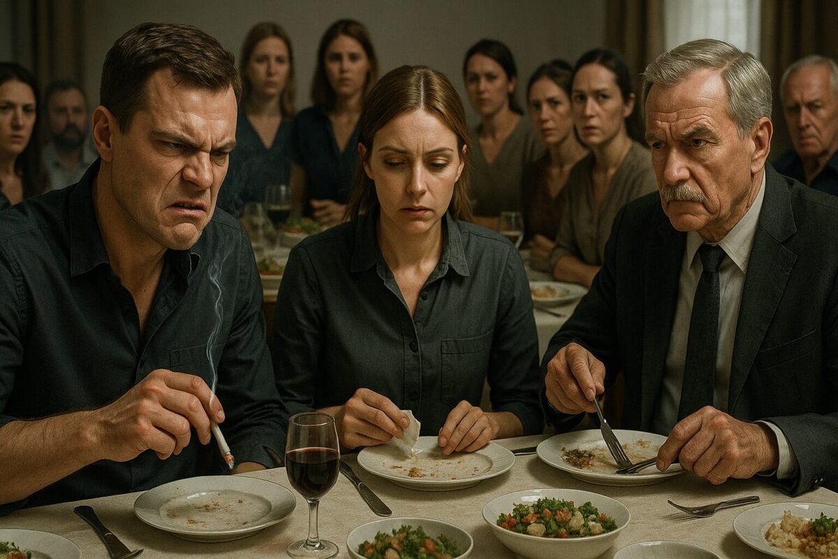 На семейном обеде напряжённая сцена — мужчина с перекошенным от злости лицом держит дрожащую сигарету, женщина рядом с опущенным взглядом и салфеткой в руке, пожилой мужчина строго смотрит на первого. За ними — замершие гости, атмосфера конфликта.