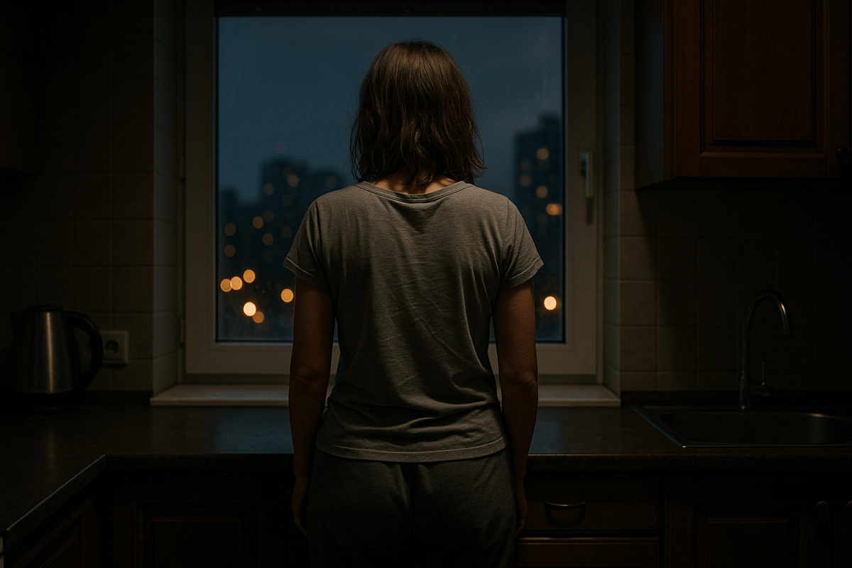 женщина с волосами до плеч стоит на тёмной кухне, спиной к зрителю, глядя в окно на размытые огни вечернего города. Она одета в простую серую футболку и спортивные штаны, опирается руками на столешницу. Тёплый приглушённый свет кухни контрастирует с холодным сиянием городских огней за окном.