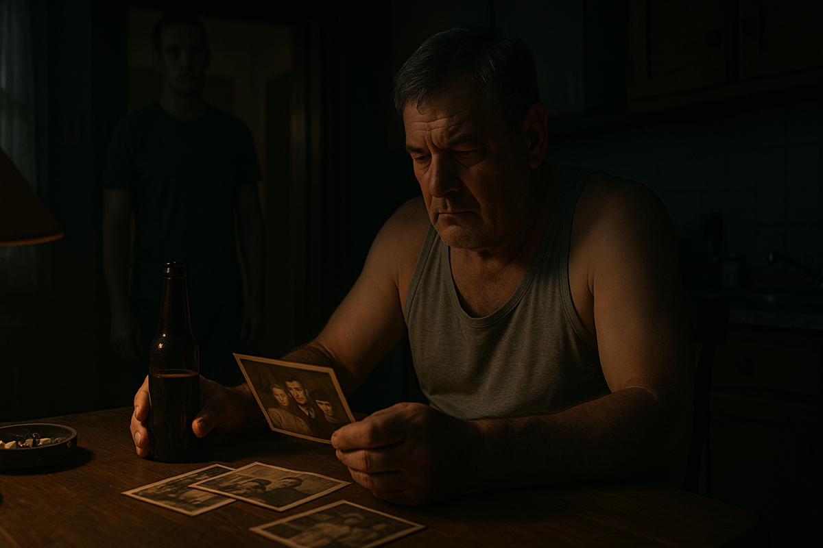 Мужчина в возрасте сидит на тёмной кухне за столом, рассматривая старую семейную фотографию при свете лампы; на фоне силуэт взрослого сына в дверном проёме.