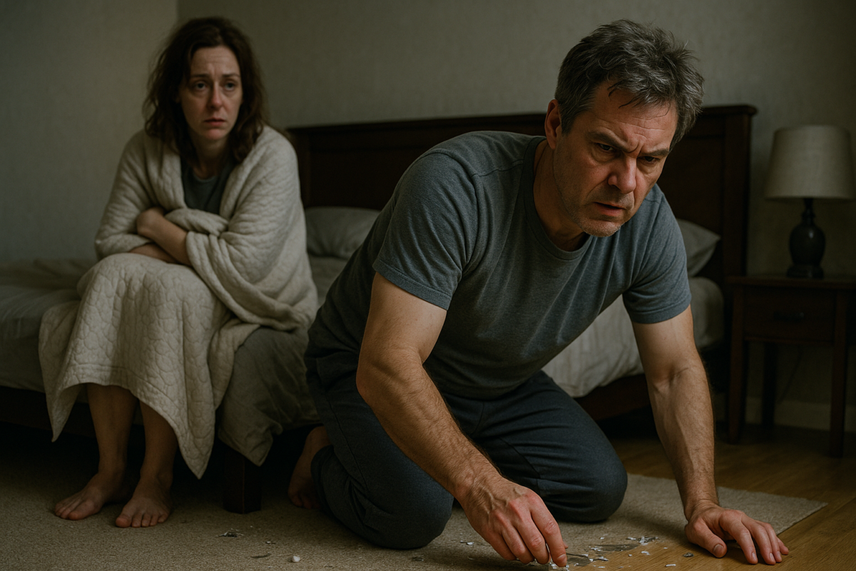 мужчина стоит на коленях на полу и собирает осколки стекла с обеспокоенным выражением лица, в то время как женщина, закутавшись в одеяло, сидит на кровати позади него и с тревогой наблюдает за происходящим.